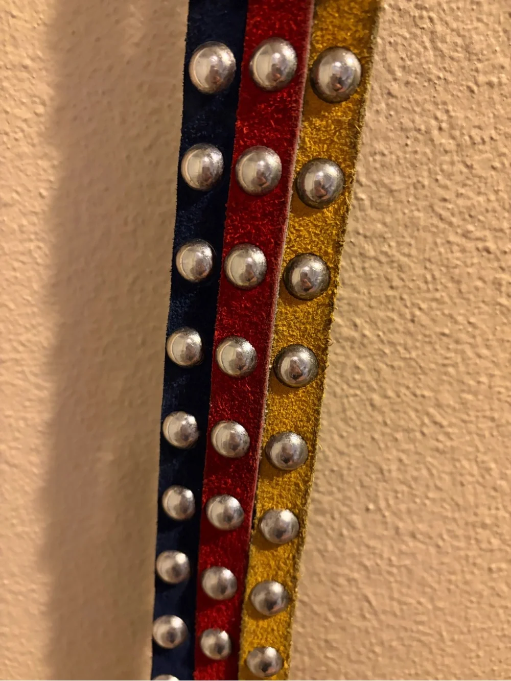Vera Neumann Vintage 1980’s Leather Three Colors Navy Yellow Red Metal Stud Belt